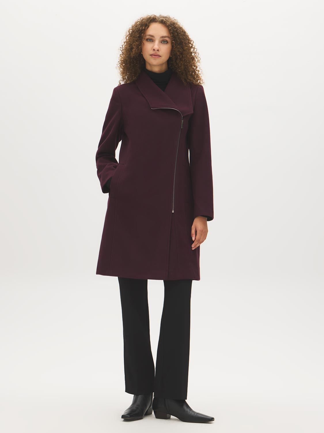 DK Burgundy Asymmetrical Zip Faux Wool Coat - Woman Wearing Mid-Length Tailored Coat - Suzy Shier