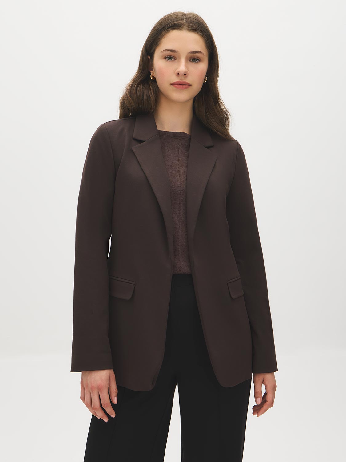 Dk Brown Open-Front Blazer with Stripe Cuff Detail - Woman Wearing Tailored Knit Blazer - Suzy Shier