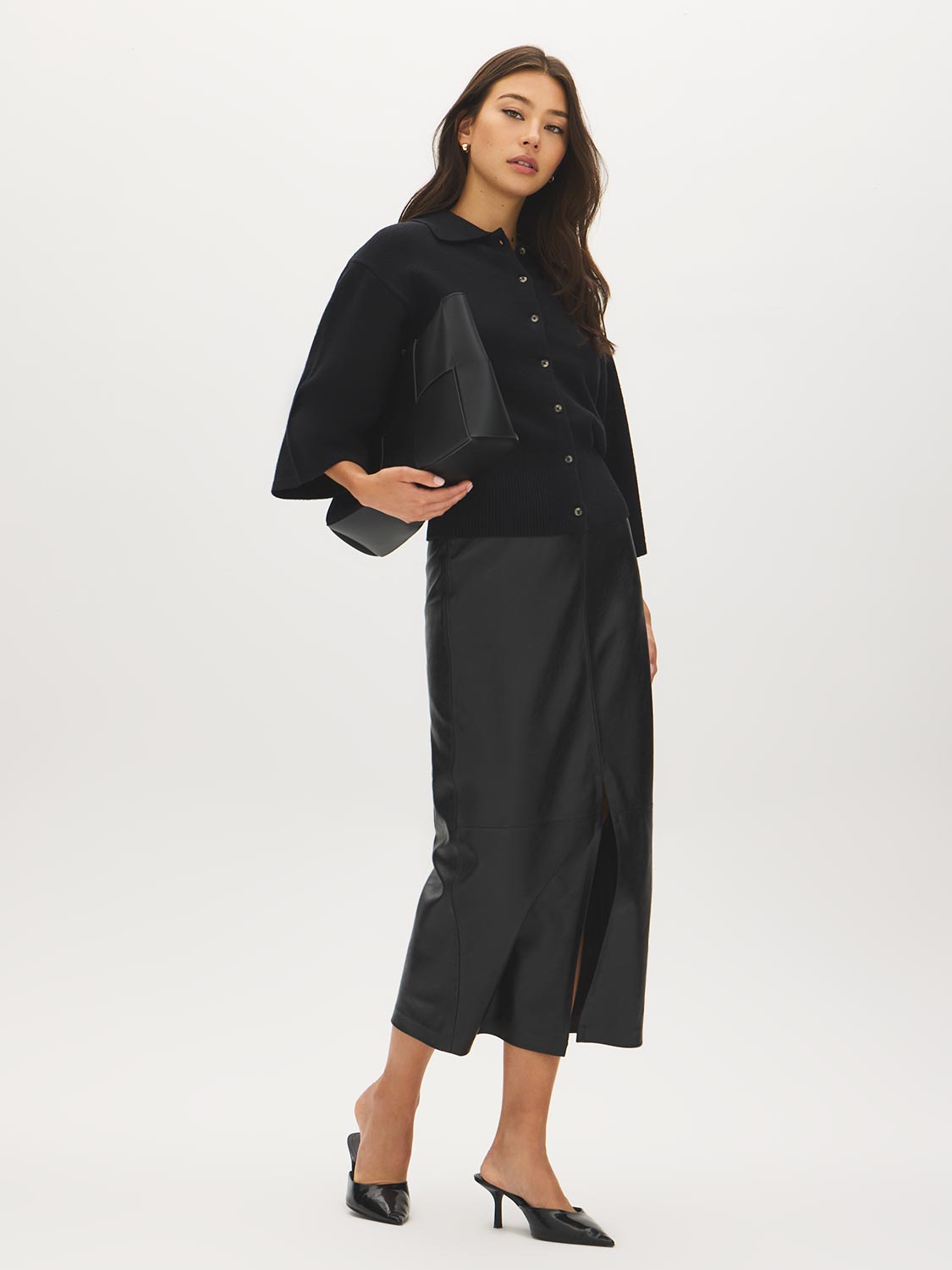 Black Button-Front Knit Sweater with Collar - Front View - Suzy Shier
