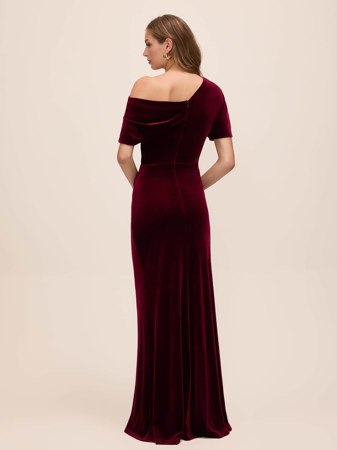 Burgundy Velour Gown with Asymmetrical Neckline - Back View - Le Chateau