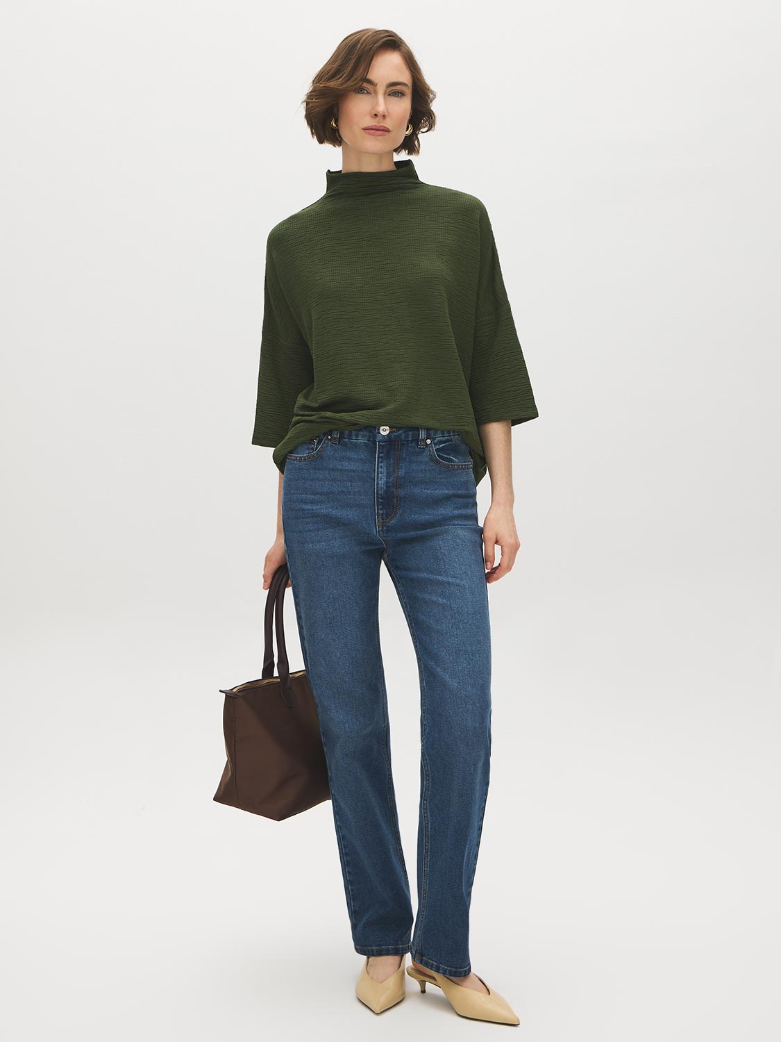 Deep Depths/Chive Textured Funnel Neck Boxy Tee - Front View - Suzy Shier