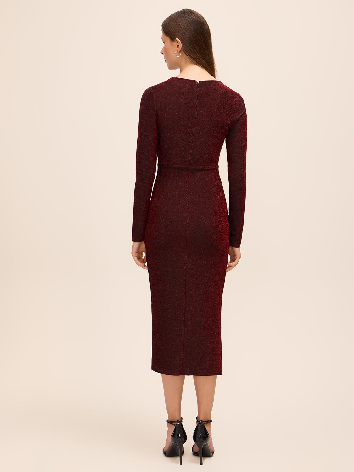 Red/Black Lurex Knit Crossover Neck Midi Dress - Back View - Le Chateau