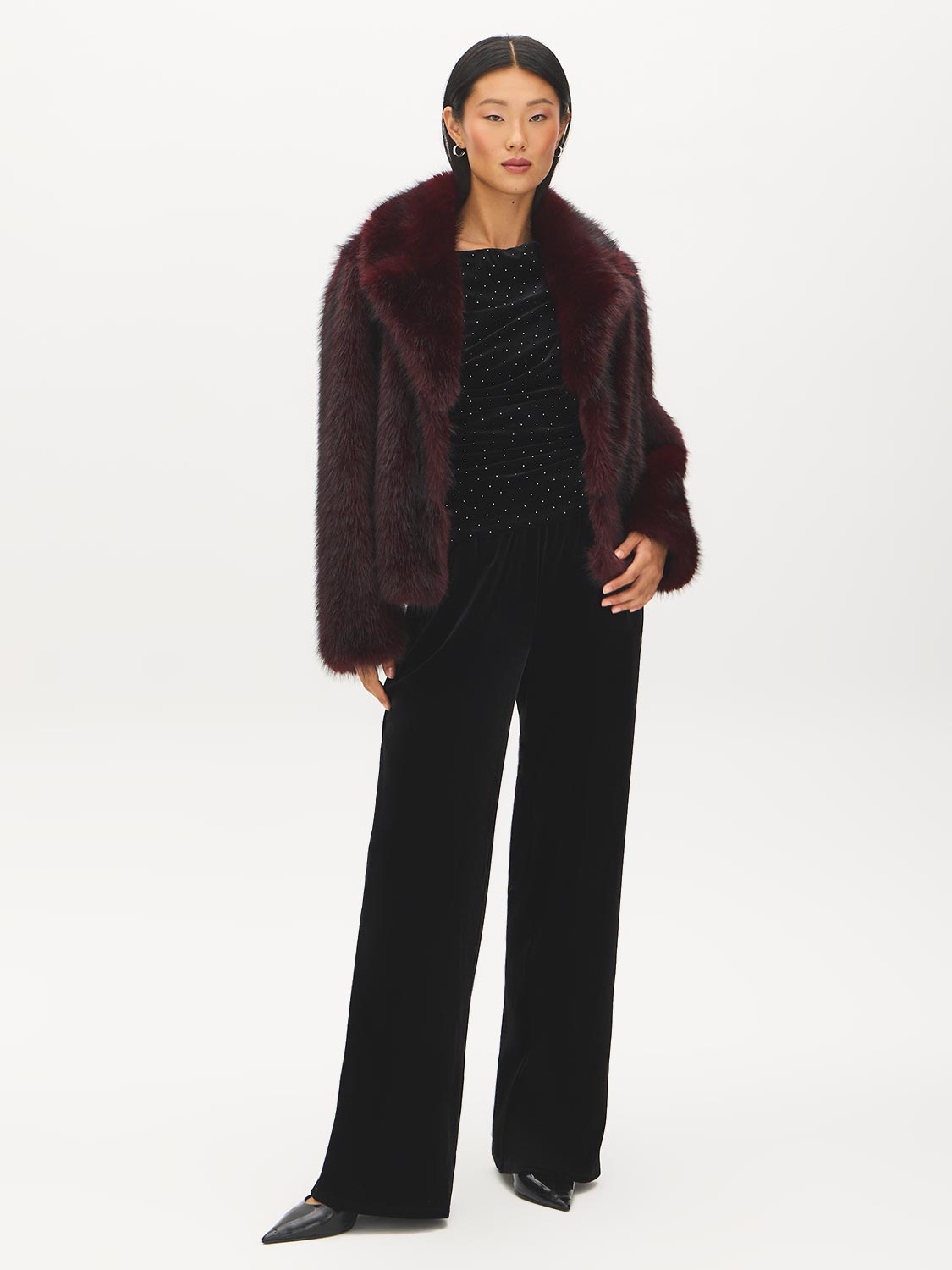 Jet Black Asymmetrical Velvet Top with Rhinestones - Styled with Jacket - Suzy Shier