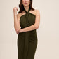 Khaki Twist Knot Halter Neckline Midi Dress - Woman Wearing Draped Skirt Detail Gown - Le Chateau
