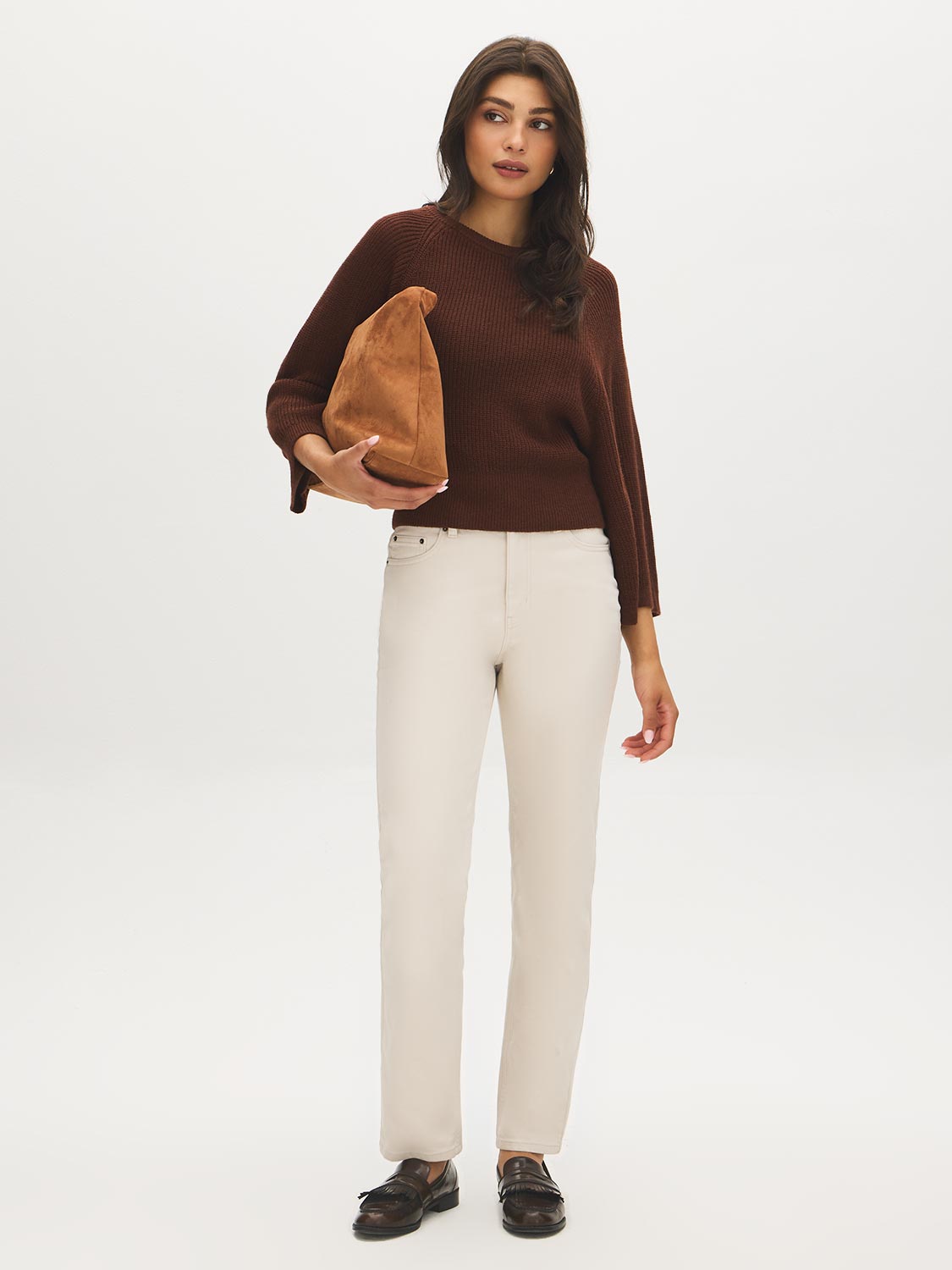 Chocolate Fondant Ribbed Shaker Stitch Sweater - Front View - Suzy Shier