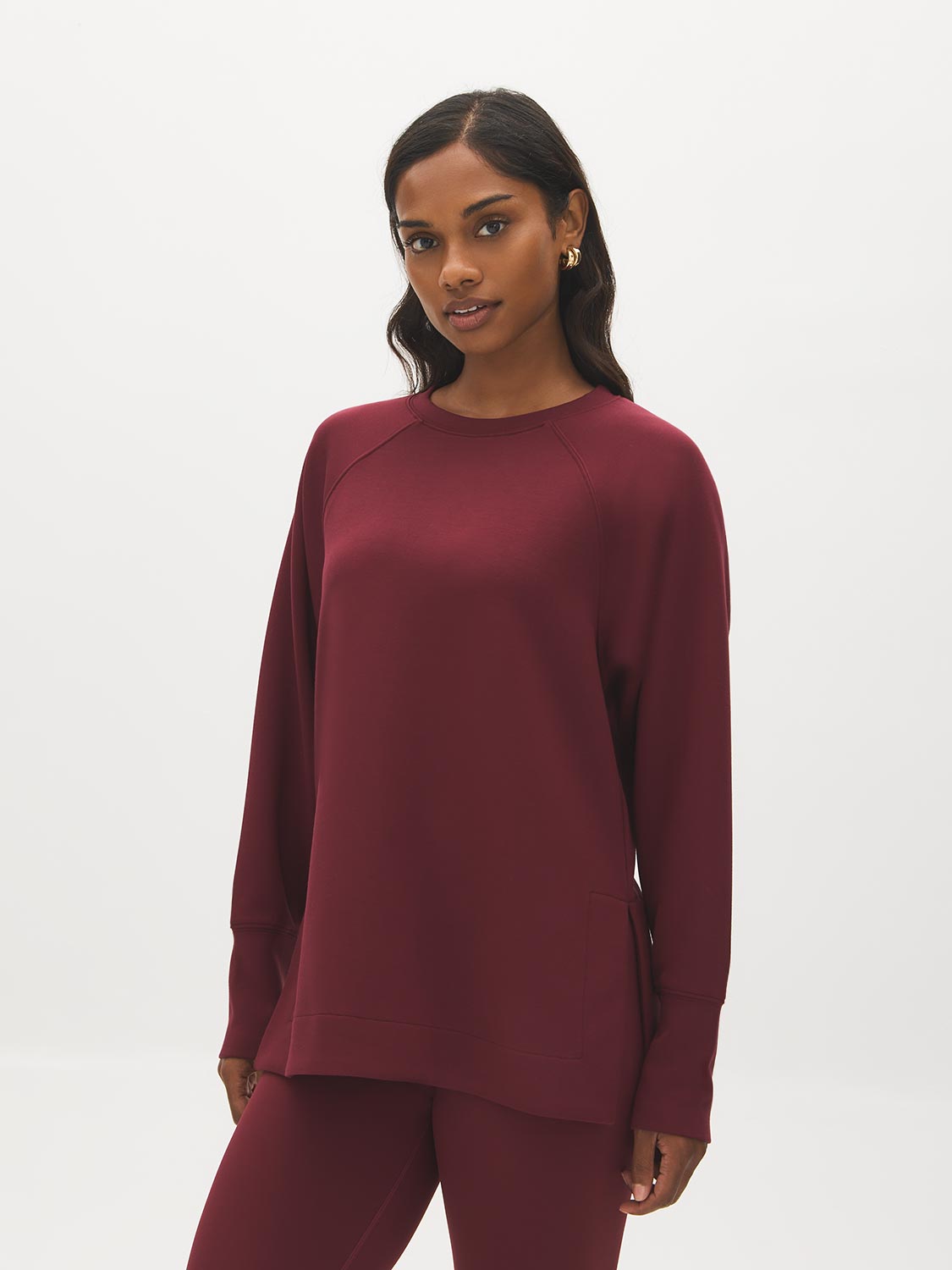 Wine Cloud Fleece Tunic with Raglan Sleeves - Woman Wearing Long Sleeve Crew Neck Top - Suzy Shier