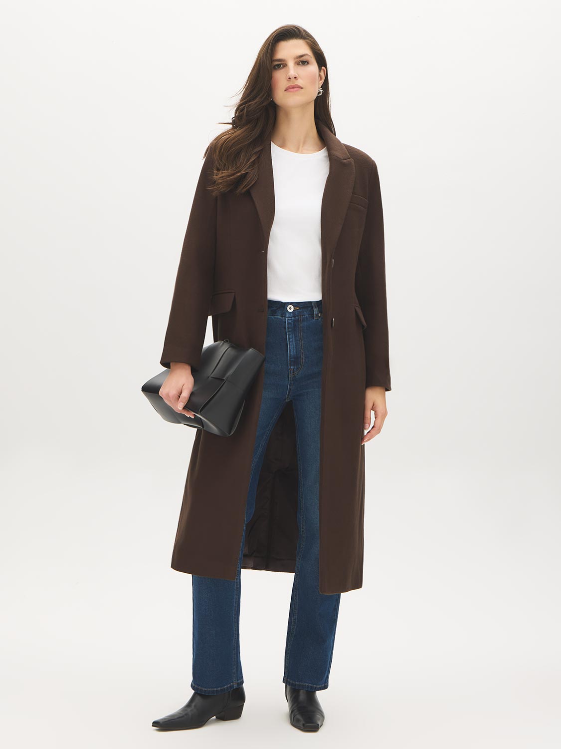 Brown Single-Breasted Wool Blend Long Coat - Full Front View - Suzy Shier