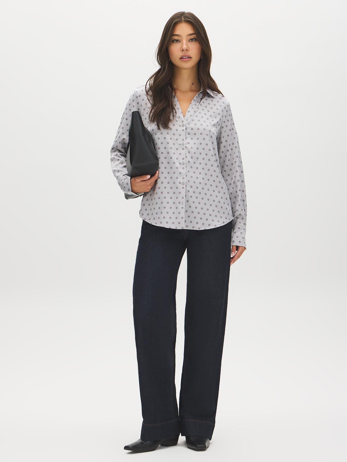 Dolphin Dot Print Satin-Like Blouse - Front View - Suzy Shier