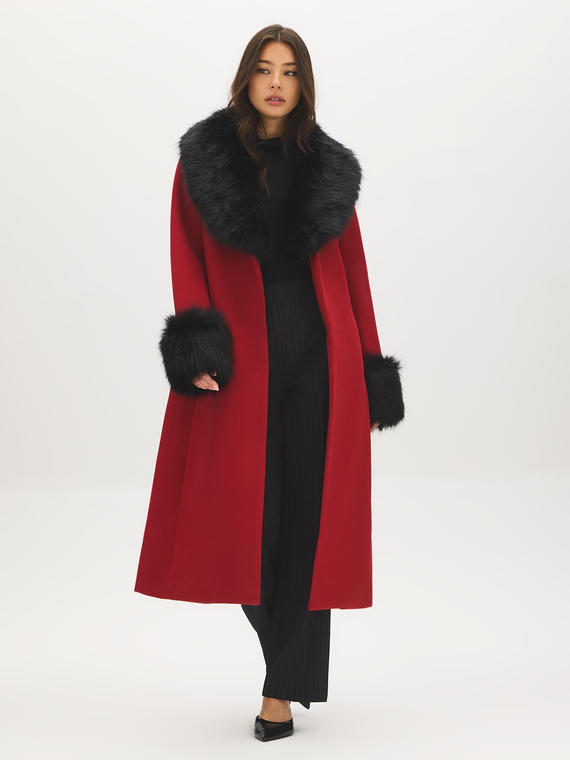 Dark Brown Melange Long Belted Faux Wool Coat - Front View - Suzy Shier