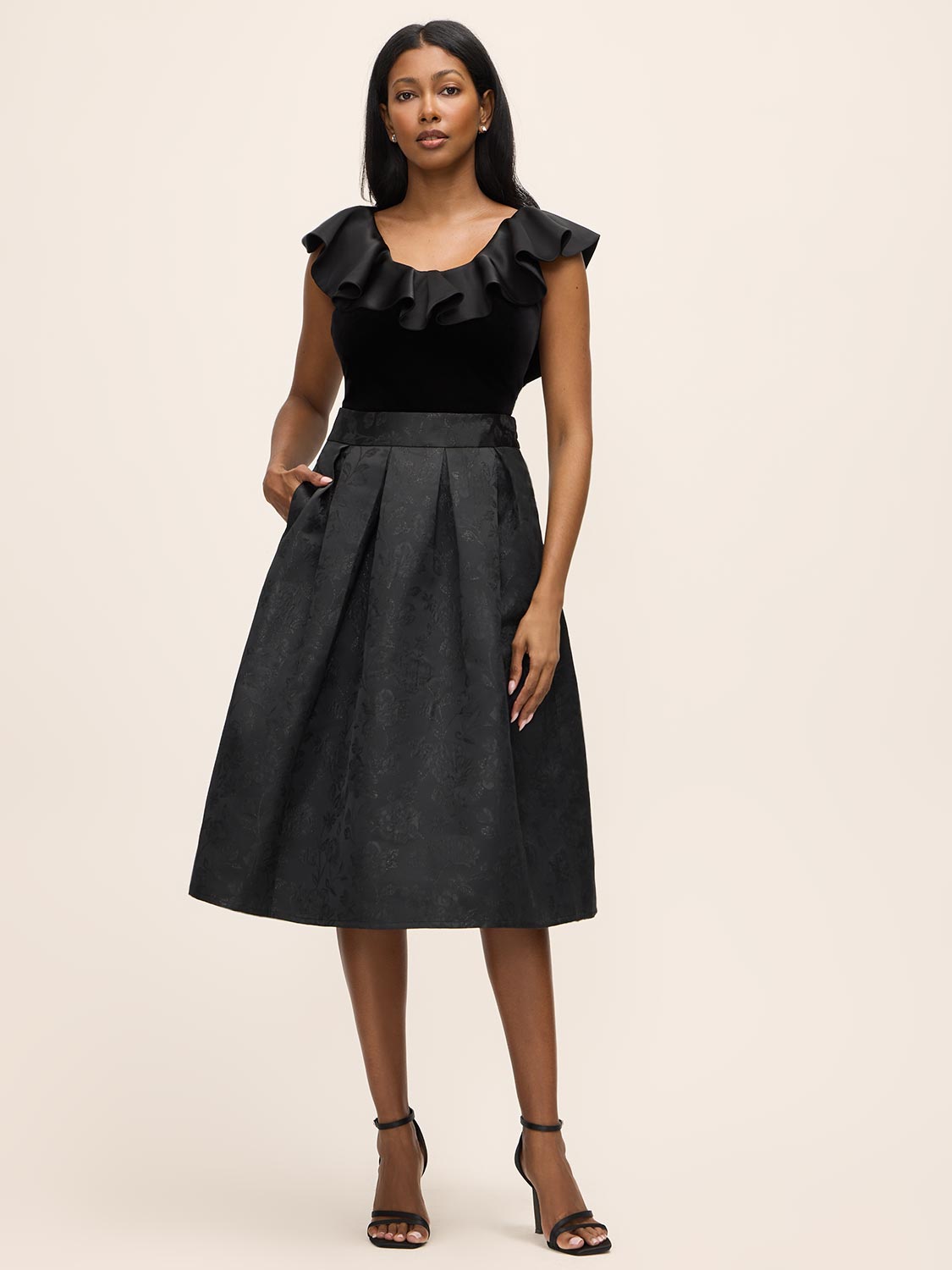 Black Satin Ruffle Low Back Velour Top - Front View - Le Chateau
