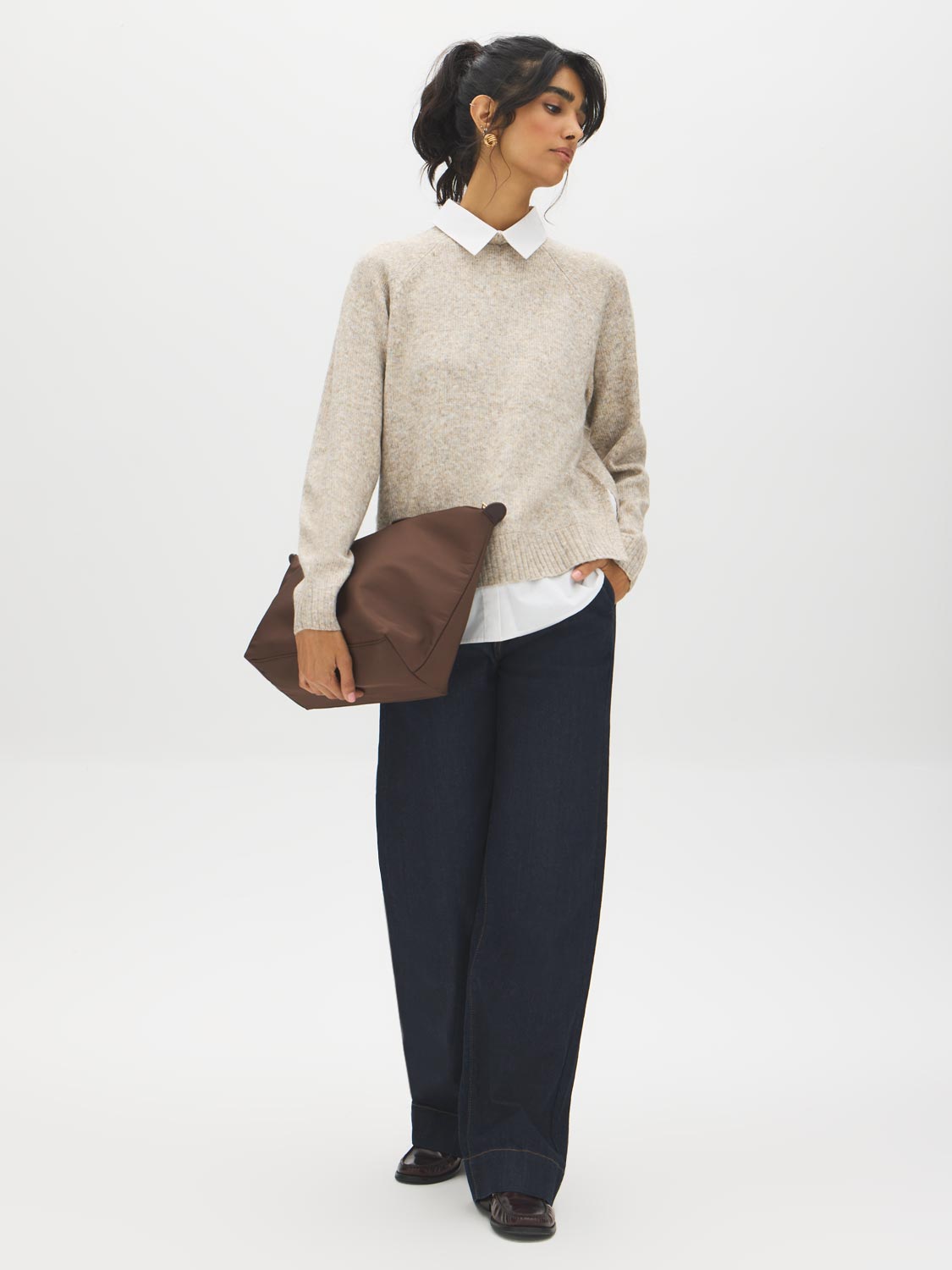 Tan Melange Twofer Sweater with Poplin Collar - Front View - Suzy Shier