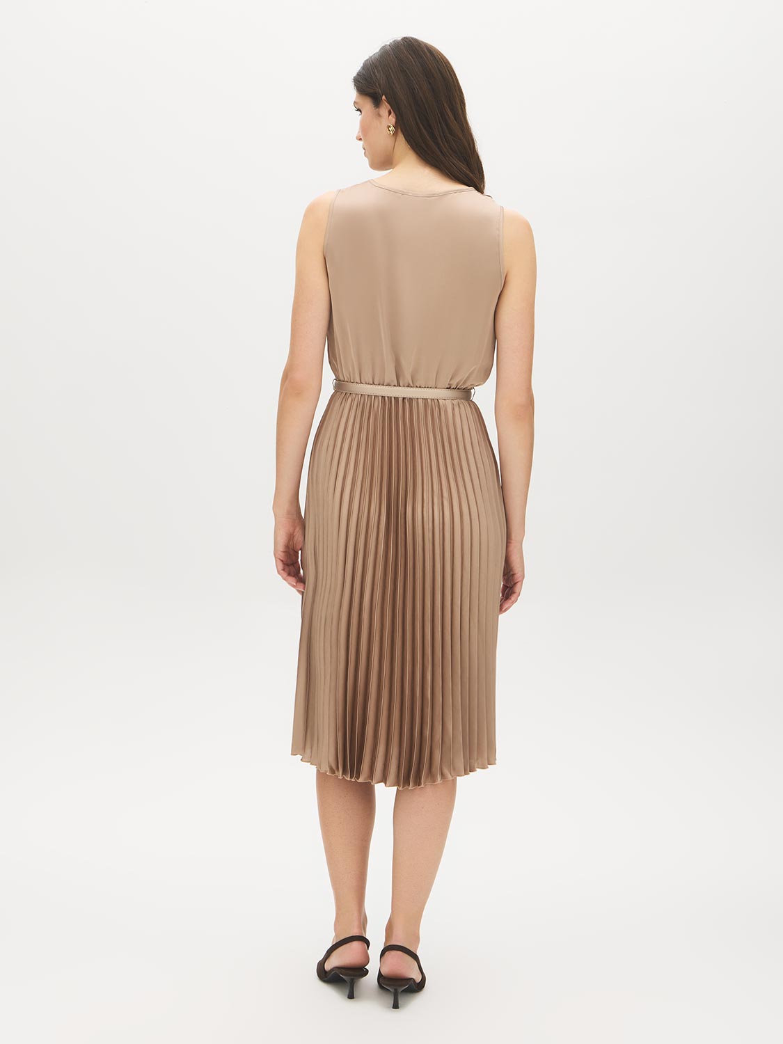 Camel Textured Satin Midi Dress with Cowl Neck - Back View - Suzy Shier
