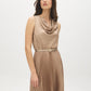 Camel Textured Satin Midi Dress with Cowl Neck - Front View - Suzy Shier