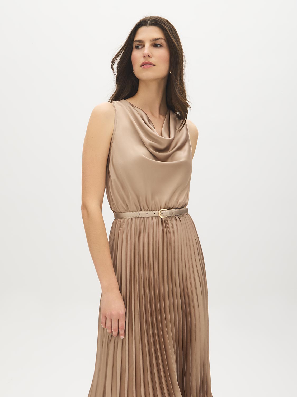 Camel Textured Satin Midi Dress with Cowl Neck - Front View - Suzy Shier