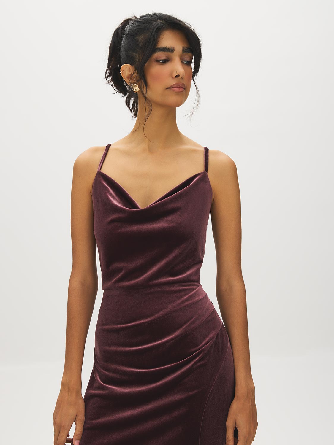 Dark Raisin Cowl Neck Velour Knit Dress - Close-up Front Detail - Suzy Shier