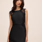 Black Satin Midi Dress with Illusion Lace Inserts - Front View - Le Chateau
