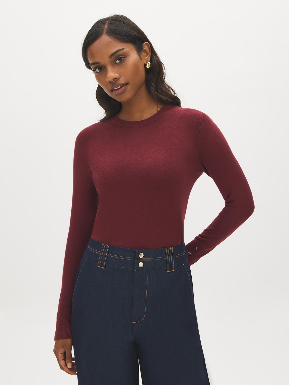 Merlot Snap Button Sleeve Knit Sweater - Woman Wearing Crew Neck Sweater with Sleeve Detail - Suzy Shier