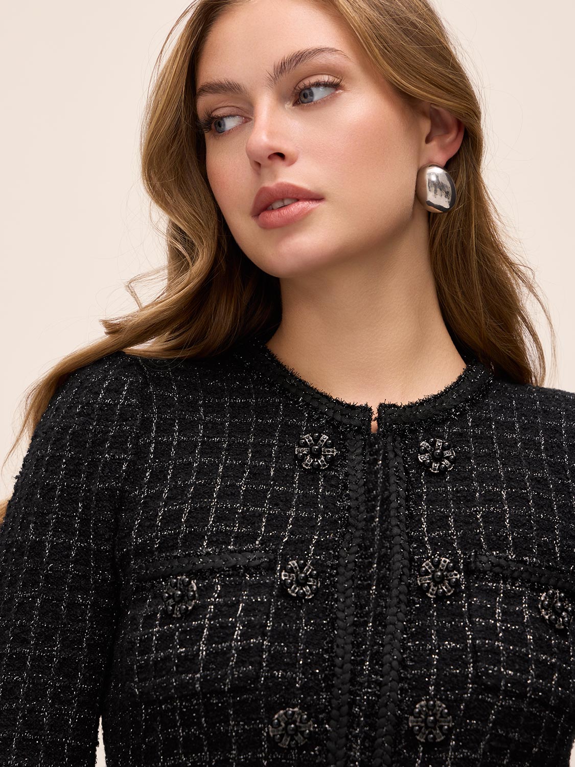 Black/Silver Lurex Boucle Sweater Mini Dress - Close-up Fabric Detail - Le Chateau