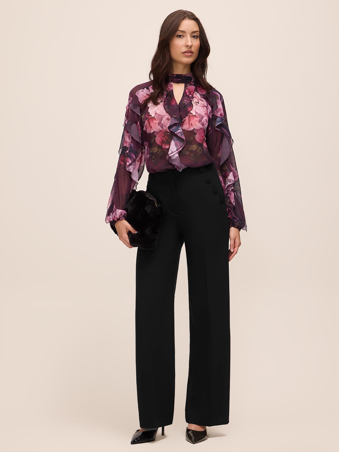 Eggplant Floral Keyhole Ruffle Blouse - Full Body View - Le Chateau