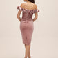 Pink Dust Off-Shoulder Foiled Velour Sheath Dress - Back View - Le Chateau