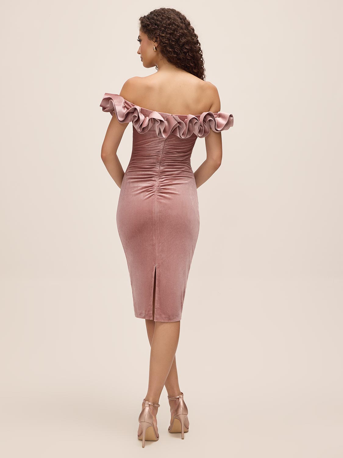 Pink Dust Off-Shoulder Foiled Velour Sheath Dress - Back View - Le Chateau