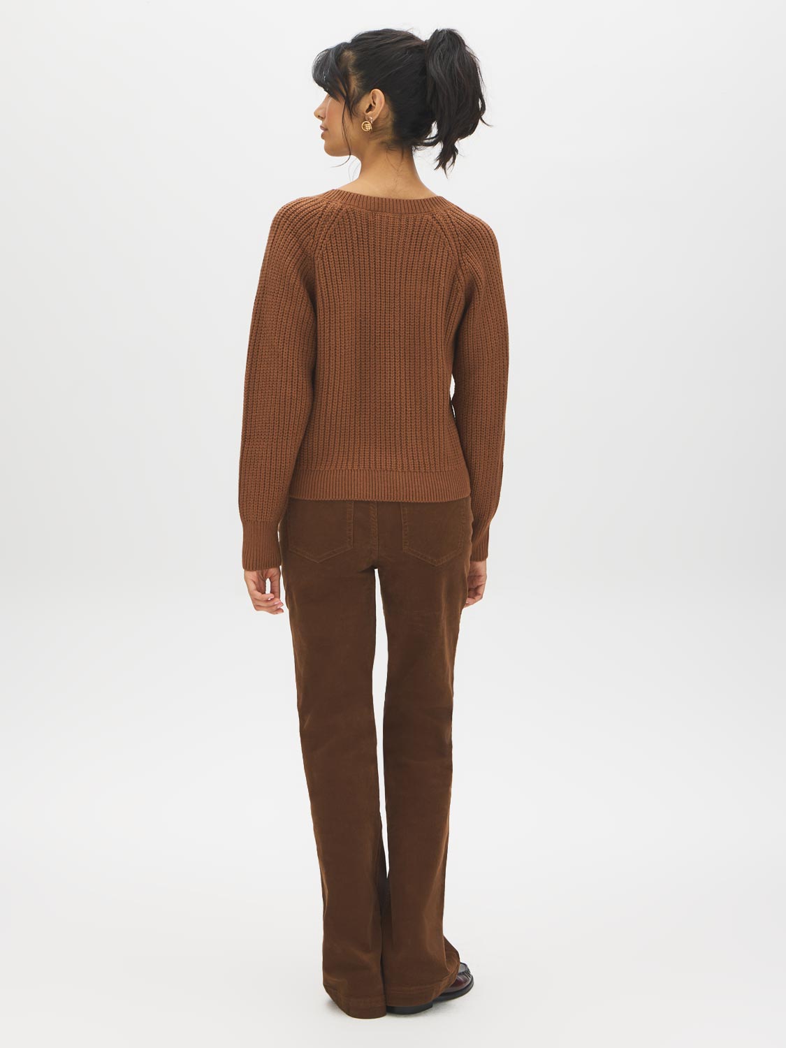 Bison V-Neck Sweater with Lace Trim - Back View - Suzy Shier