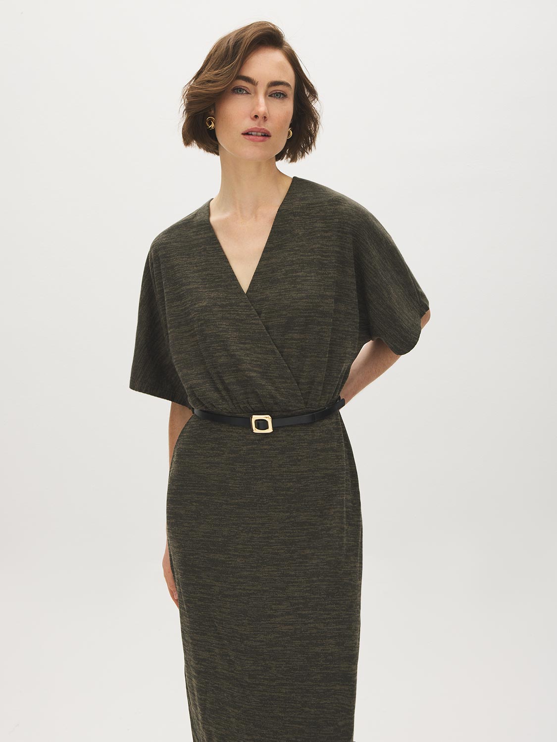 Green Mix Textured Knit Dolman Sleeve Dress - Front View - Suzy Shier