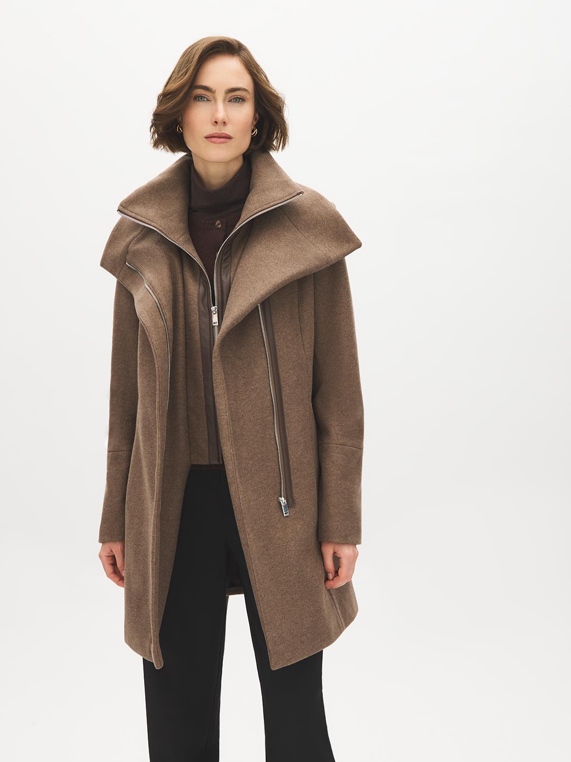 Dark Charcoal Melange Double Collar Mid-Length Coat with Belt - Front View - Suzy Shier