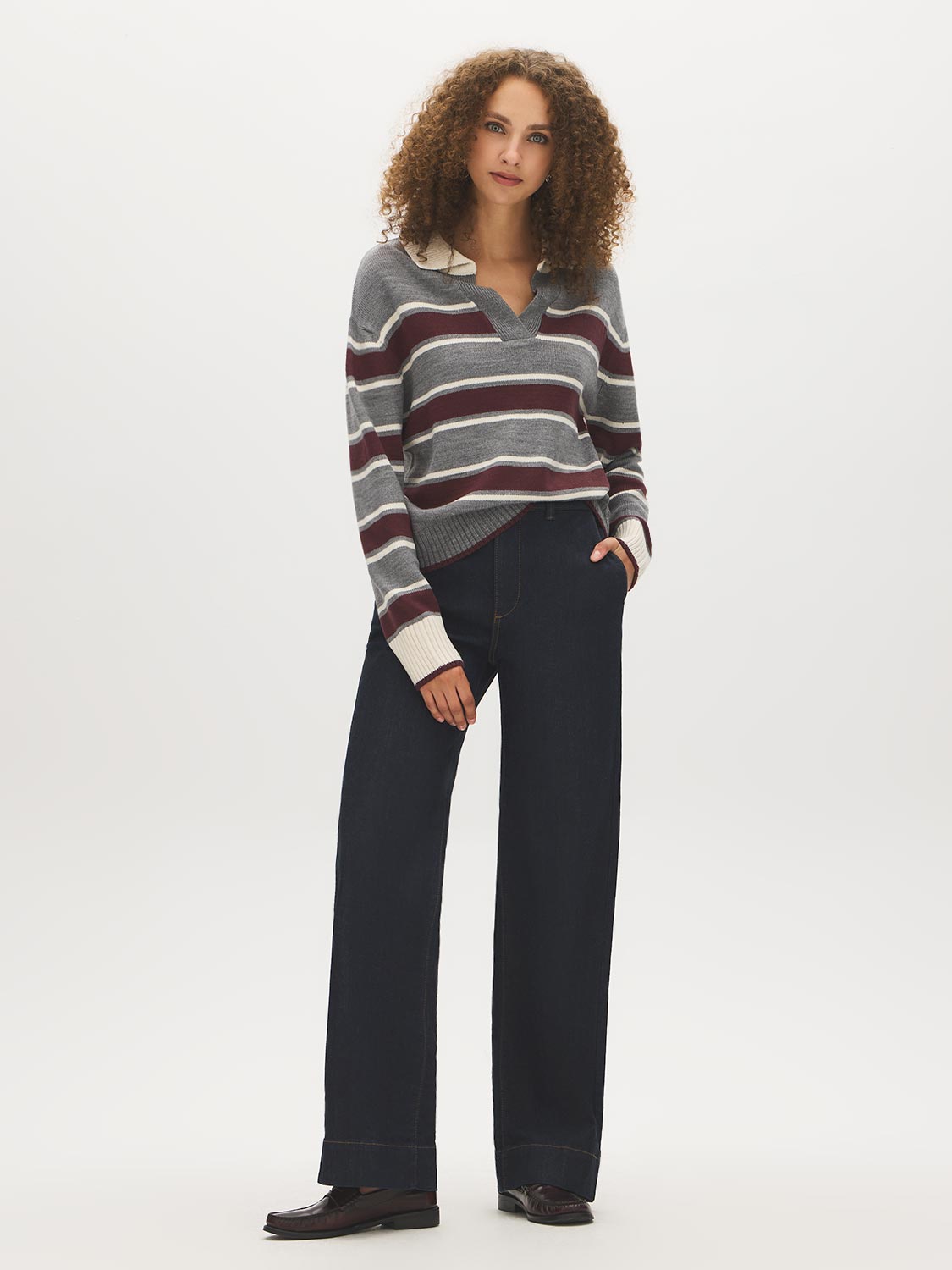 Brown/Burgundy/Dove Striped Polo Collar Knit Sweater - Front View - Suzy Shier