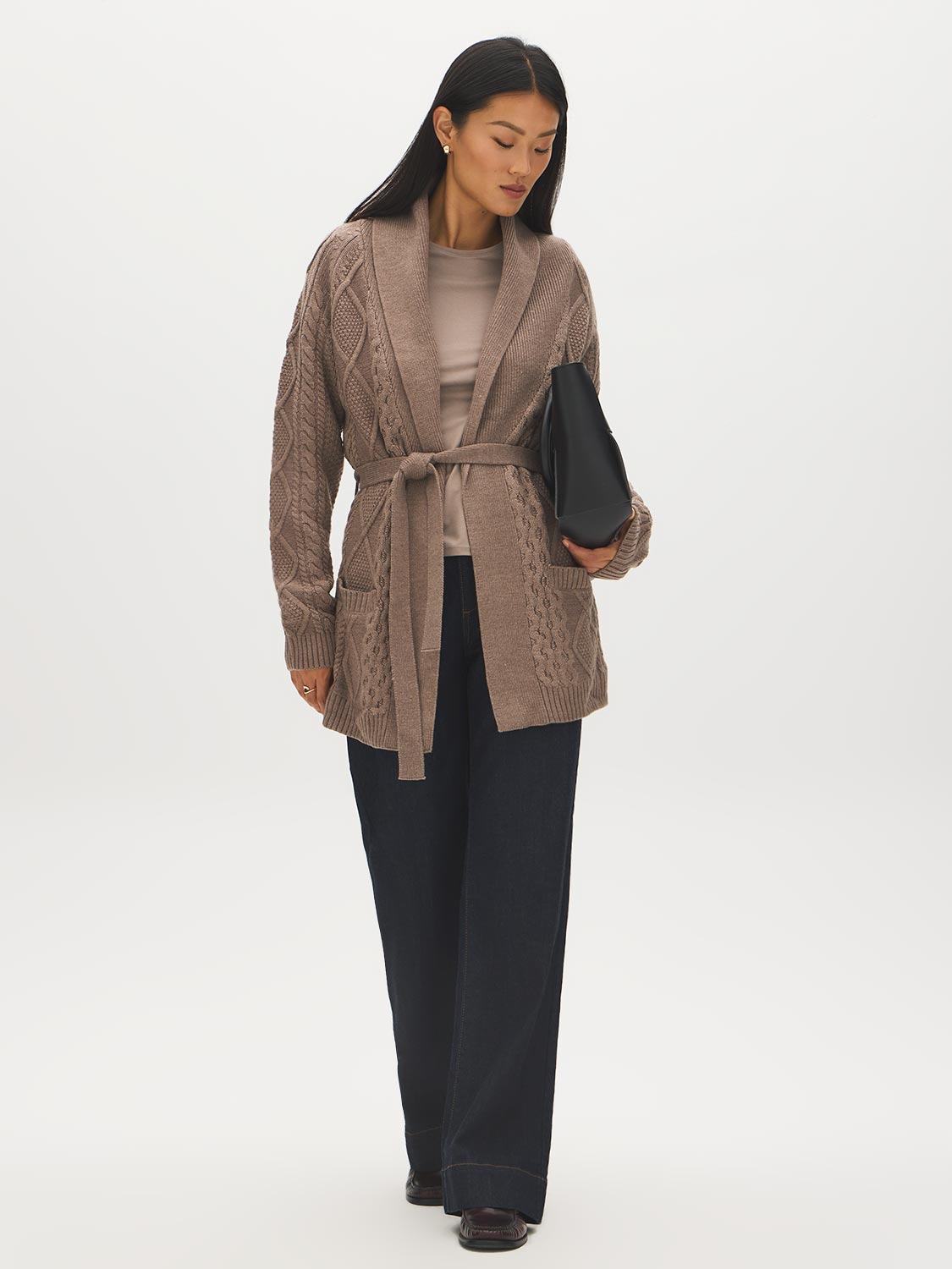 Cedar Cable Knit Shawl Collar Sweater - Front View - Suzy Shier