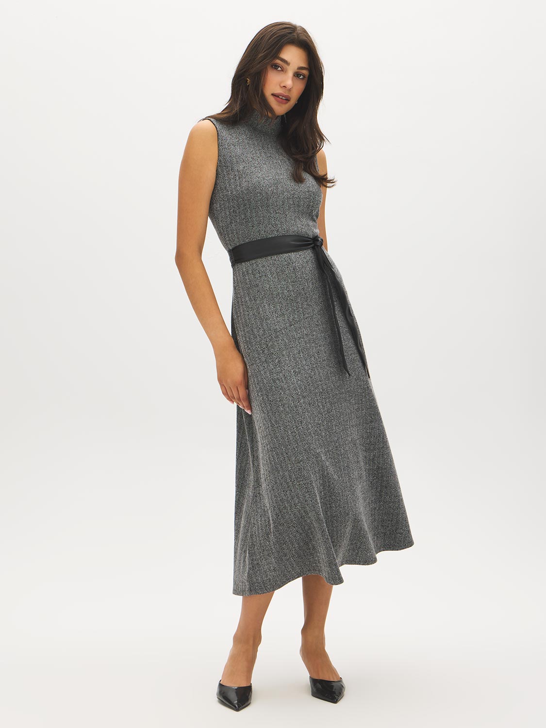 Jet Black/Light Grey Herringbone Textured Knit Mock Neck Dress with Belt - Woman Wearing Midi Dress - Suzy Shier