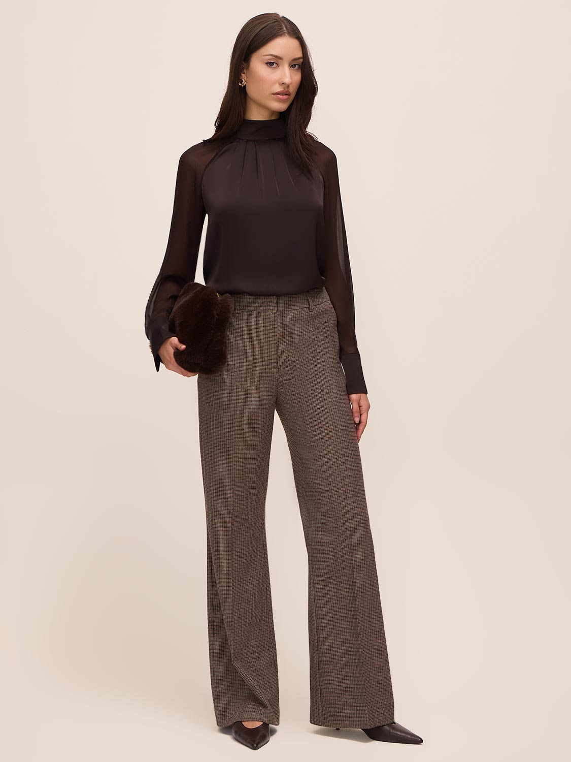 Chestnut Mixed Media Woven Top - Full Body View - Le Chateau