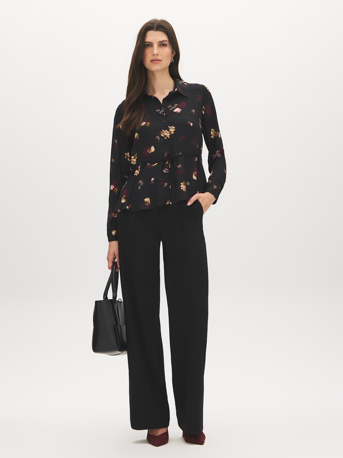 Black Floral Printed Peplum Blouse with Drawstring Waist - Front View - Suzy Shier