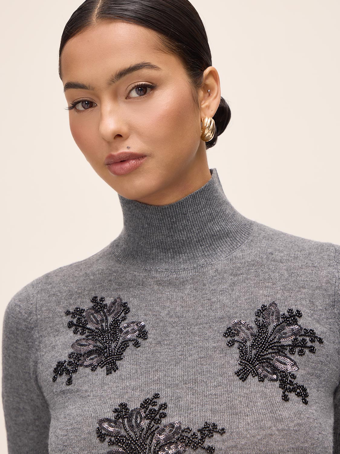 Charcoal Beaded Mock Neck Knit Sweater - Close-up Fabric Detail - Le Chateau