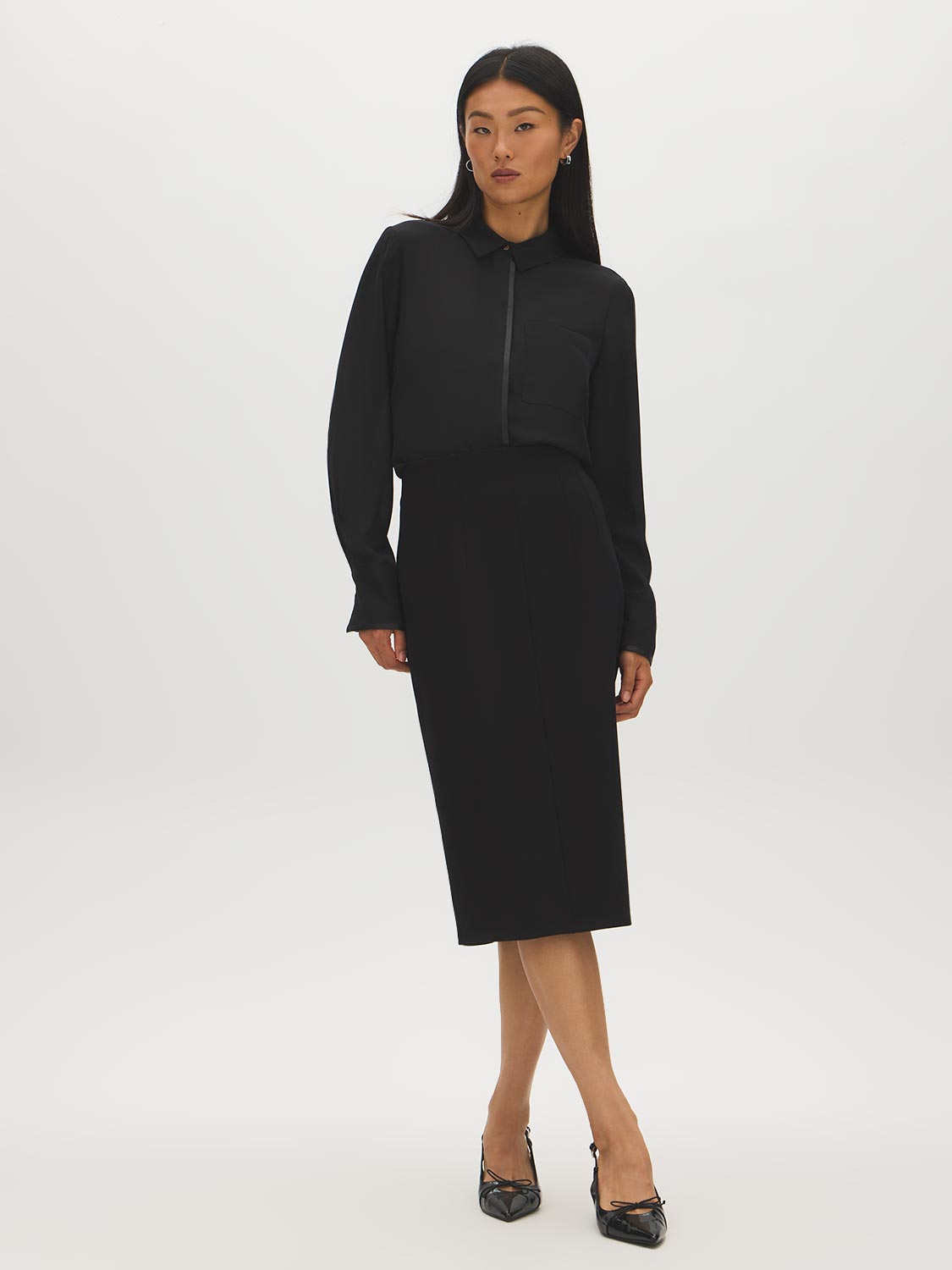Black PU-Trimmed Long Sleeve Blouse - Front View - Suzy Shier
