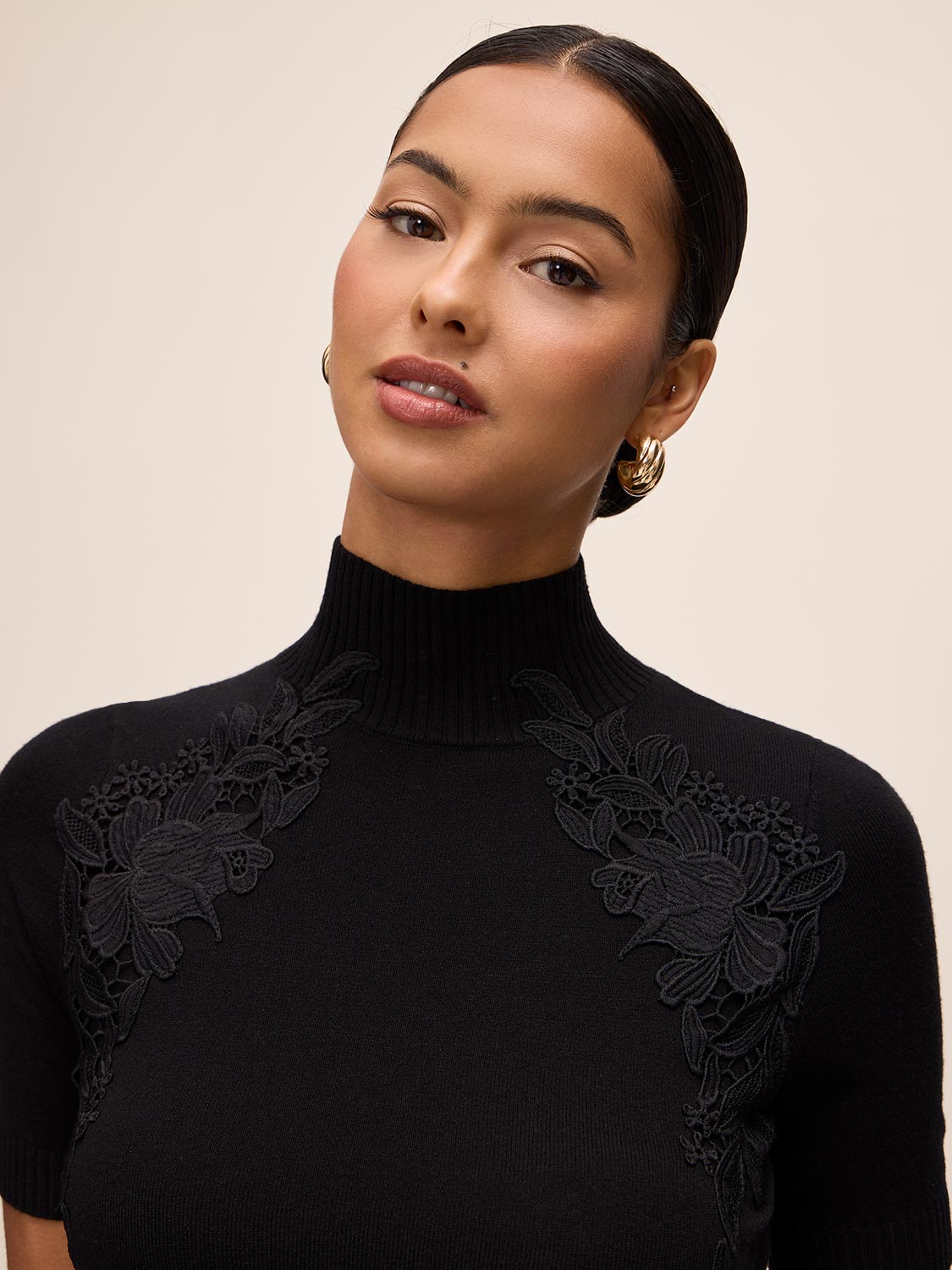 Black Short Sleeve Sweater with Lace Appliqué - Collar Detail - Le Chateau