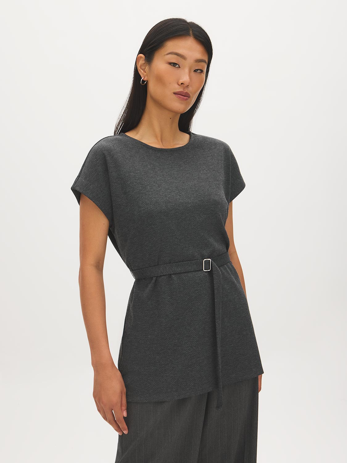 Charcoal Dolman Sleeve Jacquard Tunic Top - Woman Wearing Relaxed Fit Top with Self Belt - Suzy Shier