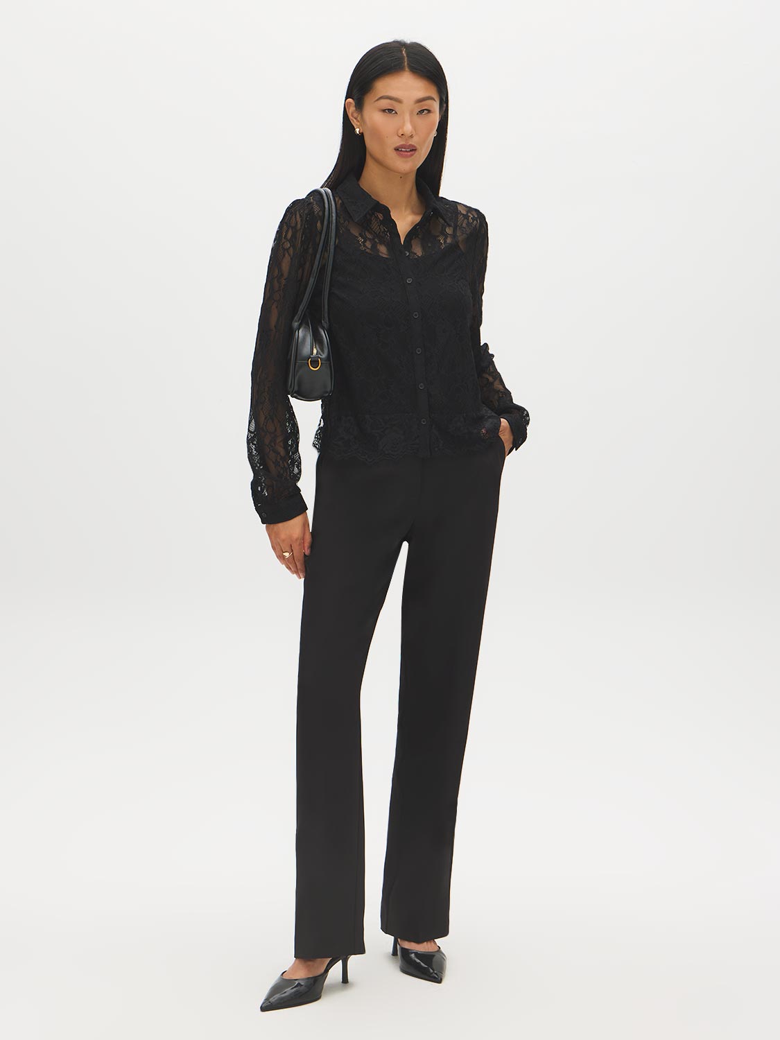 Black Lace Button-Front Blouse with Scalloped Hem - Front View - Suzy Shier