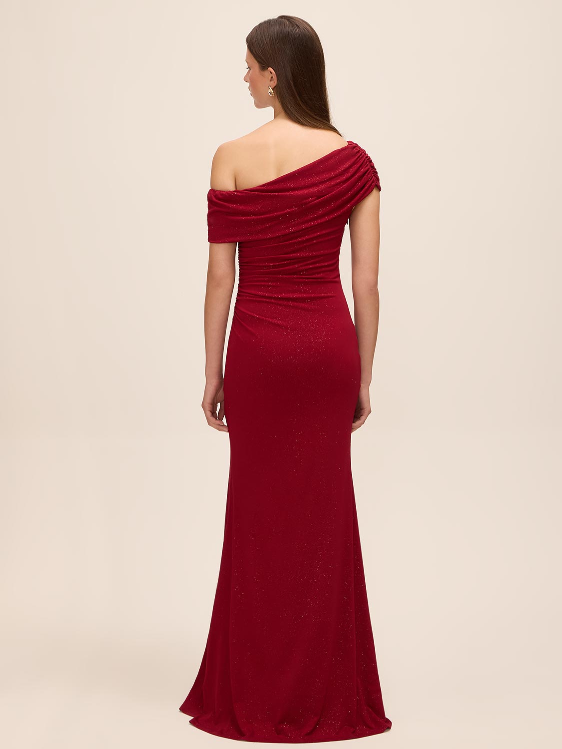 Lipstick Red Glitter Knit One-Shoulder Gown - Back View - Le Chateau