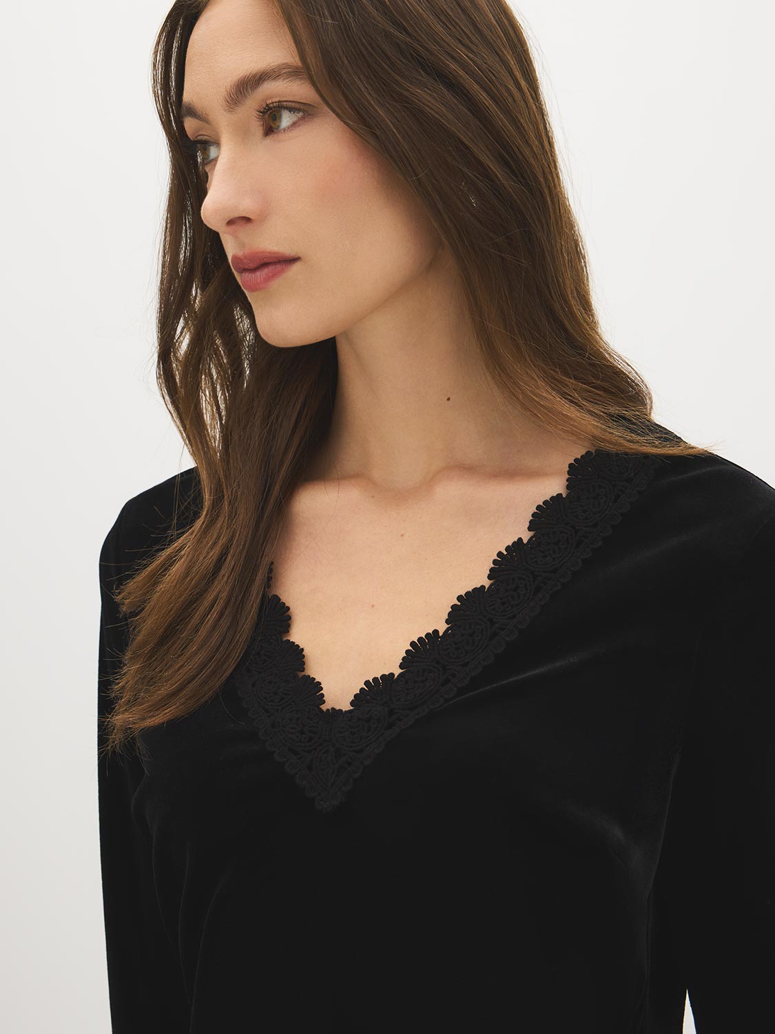 Black Velvet Top with Crochet V-Neck - V-Neck Detail - Suzy Shier