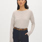 Bison/Snow White Striped Boat Neck Knit Top - Woman Wearing Long Sleeve Striped Top - Suzy Shier