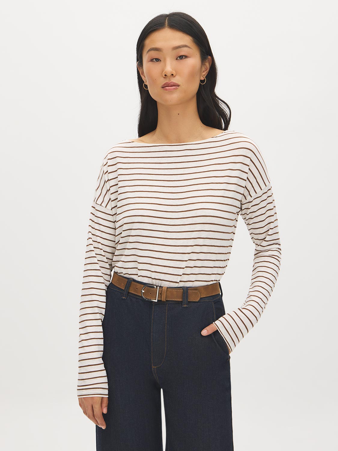 Bison/Snow White Striped Boat Neck Knit Top - Woman Wearing Long Sleeve Striped Top - Suzy Shier