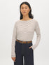 Bison/Snow White Striped Boat Neck Knit Top - Woman Wearing Long Sleeve Striped Top - Suzy Shier