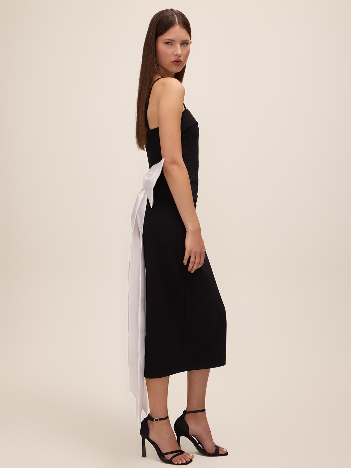 Black/White Knit Crepe Midi Sheath Dress - Side Profile View - Le Chateau
