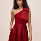 Lipstick Red Satin Bow One-Shoulder Velour Top - Close-up View - Le Chateau