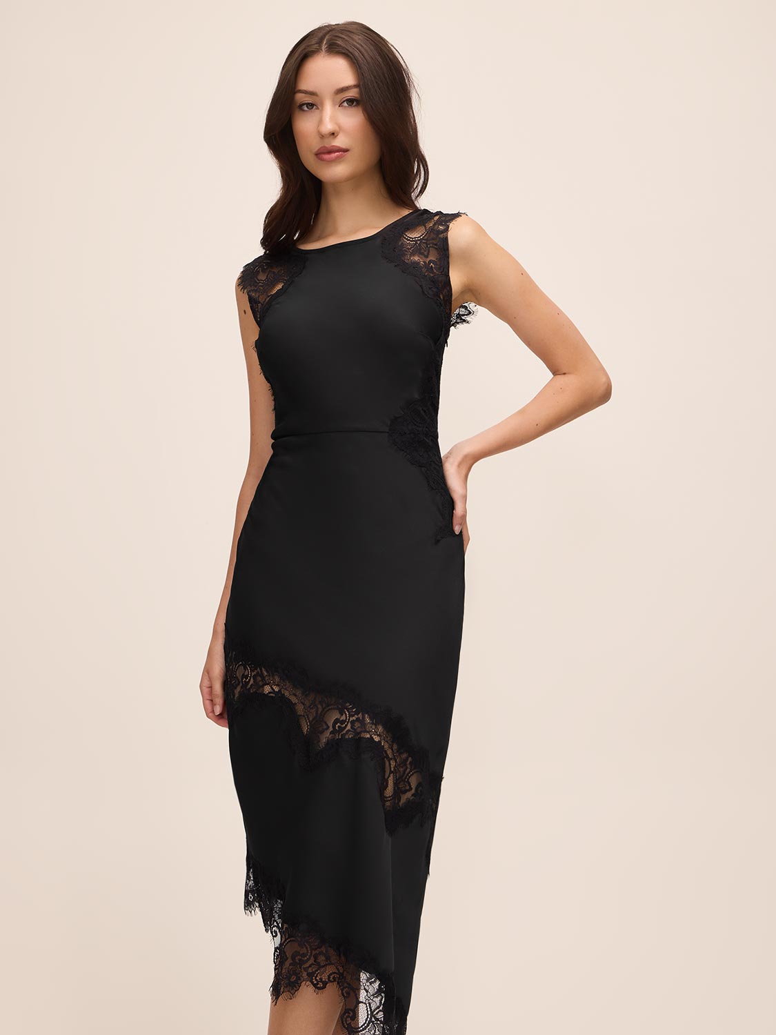 Black Satin Midi Dress with Illusion Lace Inserts - Full Front View - Le Chateau