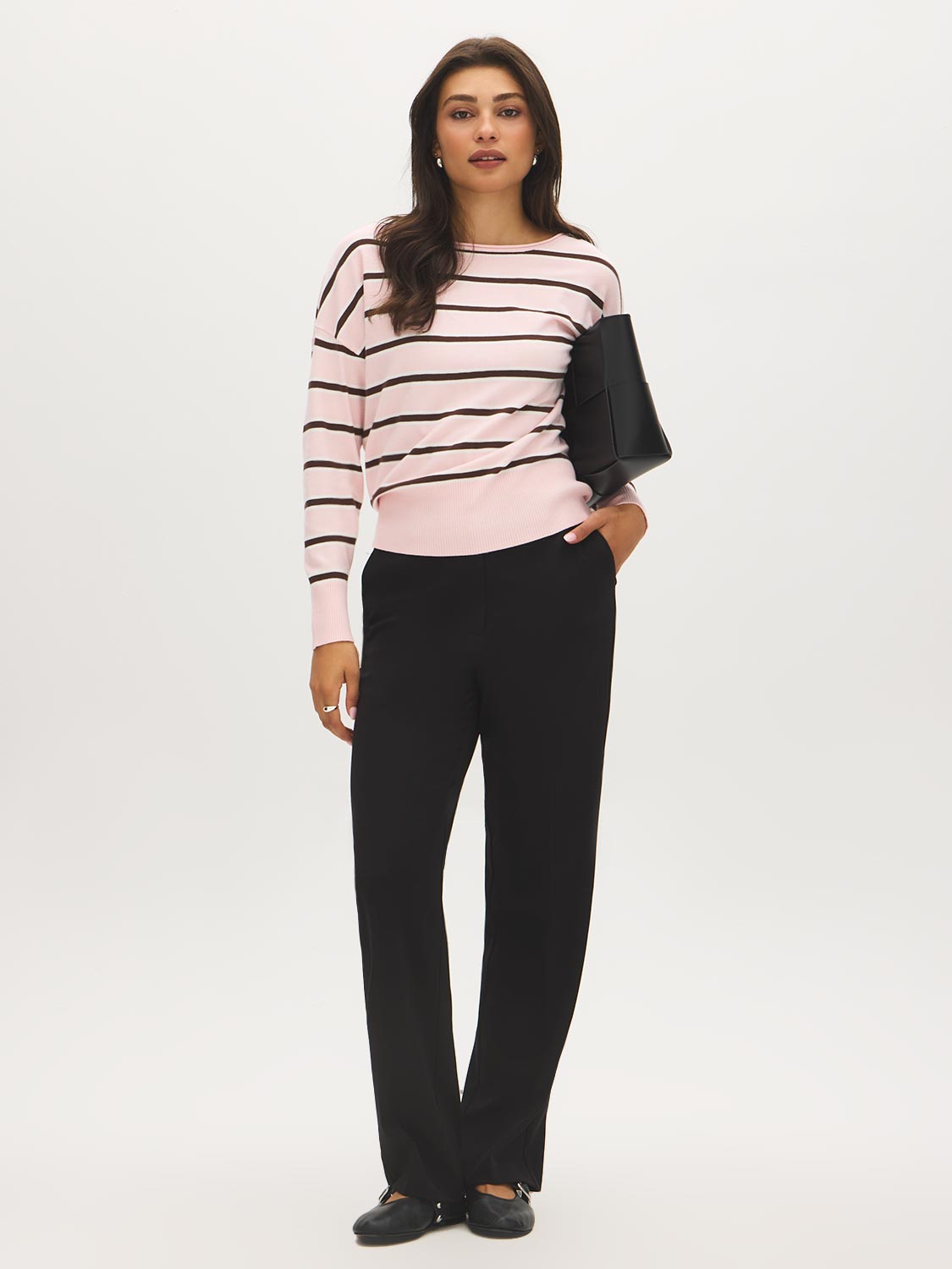 Striped Dolman Sleeve Knit Sweater - Side Profile View - Suzy Shier