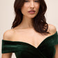Dark Emerald Off-Shoulder Velour Mermaid Gown - Close-up Neckline Detail - Le Chateau