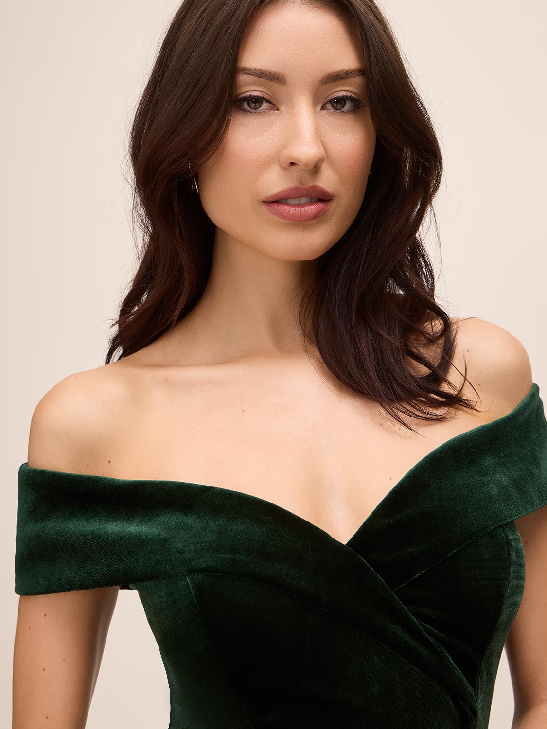 Dark Emerald Off-Shoulder Velour Mermaid Gown - Close-up Neckline Detail - Le Chateau
