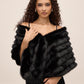 Black Fur-Striped Shawl with Jewel Trim Closure - Woman Wearing Elegant Evening Cover-Up - Le Chateau